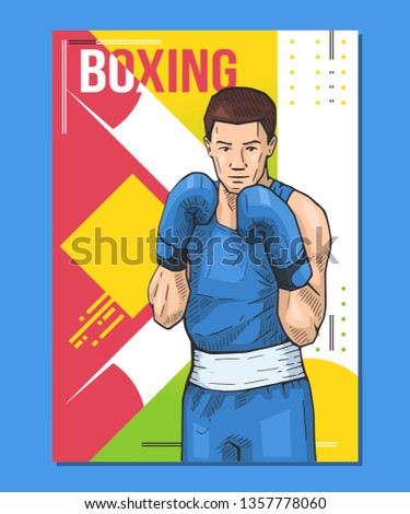 Boxing sport poster. Sportsman standing on abstract background. Vector illustration of man with boxing gloves, ready to fight