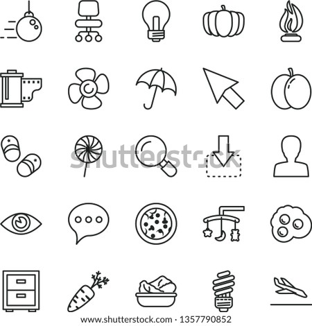 thin line vector icon set - incandescent lamp vector, woman, camera roll, bedside table, toys over the cradle, child shoes, big core, saving light bulb, magnifier, speech, eye, umbrella, move down