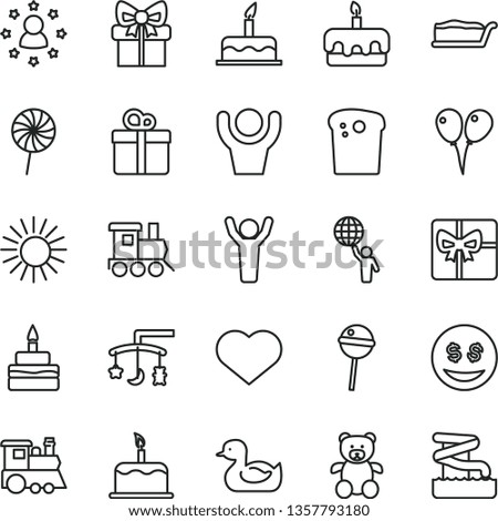 thin line vector icon set - heart symbol vector, toys over the cradle, rubber duck, teddy bear, baby toy train, children's, colored air balloons, cake, gift, Easter, slice, torte, birthday, lollipop