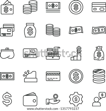 thin line vector icon set - bank card vector, cards, coins, reverse side of a, front the, column, denomination dollar, catch coin, wallet, purse, money, dollars, cash, machine, cashbox, pedestal Royalty-Free Stock Photo #1357793237