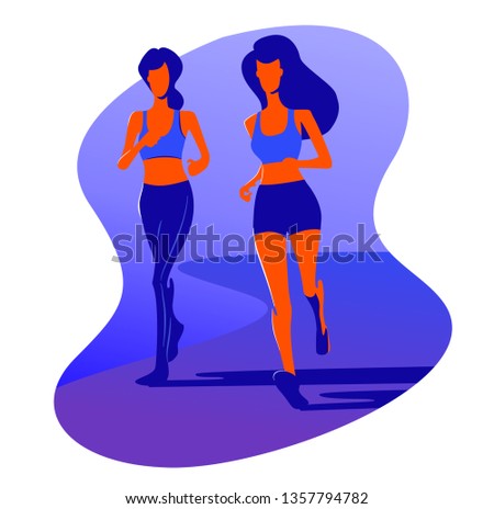 
Two women are exercising for good health by running in public. Put on a running suit.flat design style vector graphic illustration.