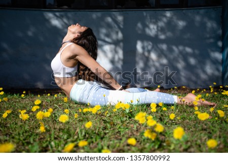 Beautiful young woman does yoga in the nature.