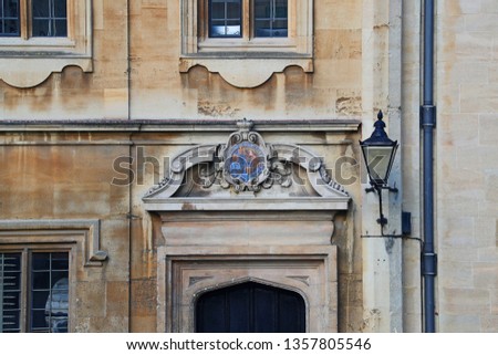 English version of the union coat of arms of England, Scotland and Ireland royal arms of James VI of Scotland who was also James I of England on an entrance to Brasenose college in Radcliffe Square