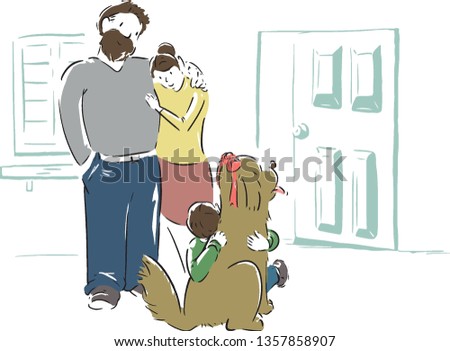 Parents looking for a happy boy and a puppy as a gift. hand drawn style vector design illustrations. 
