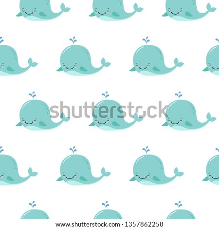 Cute background with cartoon blue whales. Kawaii animal pattern