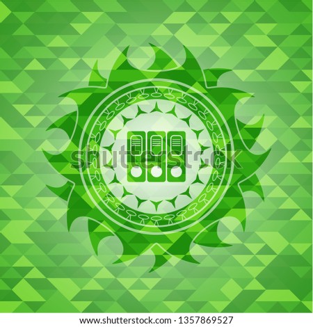 three folders icon inside green emblem with mosaic background
