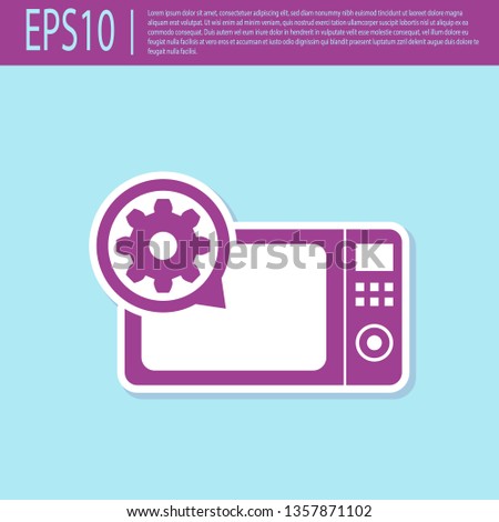 Retro purple Microwave oven and gear icon isolated on turquoise background. Adjusting app, service concept, setting options, maintenance, repair, fixing. Vector Illustration