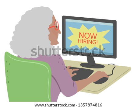 Illustration of a Senior Woman Using the Computer and Looking for a Job Online