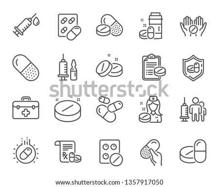 Medical drugs line icons. Healthcare, Prescription and Pill signs. Pharmacy drugs, medical nurse, recipe pill icons. Antibiotic capsule, syringe vaccination, medicine cure. Vector Royalty-Free Stock Photo #1357917050