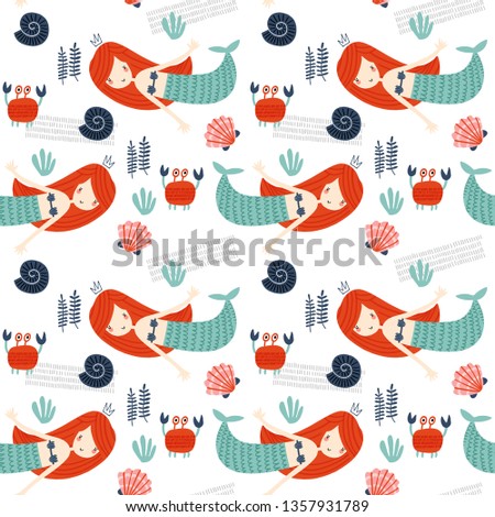 Seamless vector pattern with mermaids for typography poster, card, label, brochure, flyer, page, banner design. Vector illustration background