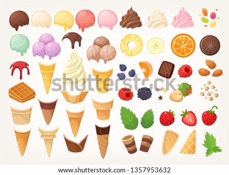 Elements to create your own ice cream. Ice cones, cups, scoops and toppings. Isolated vector images Royalty-Free Stock Photo #1357953632