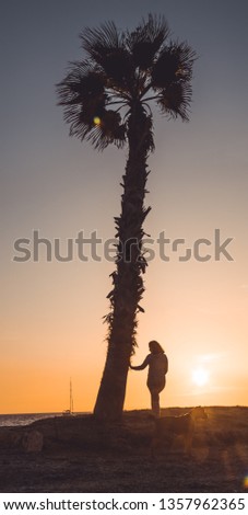Woman watching sunset, next to a palm tree, at Almerimar, Almeria, Spain