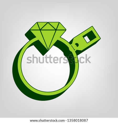 Diamond sign with tag. Vector. Yellow green solid icon with dark green external body at light colored background.
