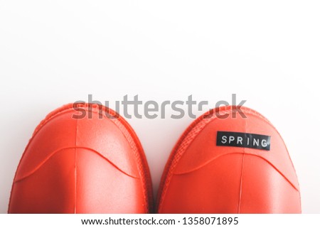 Coral rubber boots on a white background. Ottisk. Word spring.Top view. Living Coral Color.