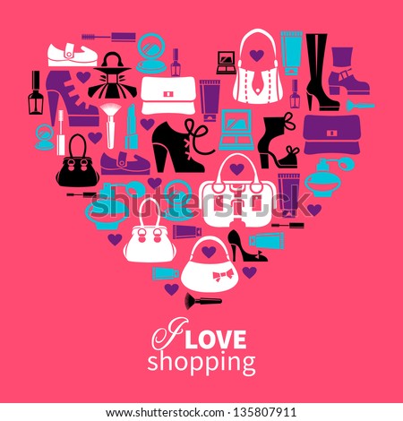Shopping love heart with set of vector fashion women's icons