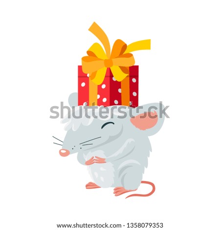 Cute funny rat with a red gift box on his head. The symbol of the new year 2020. Holiday card. Vector illustration on white background.