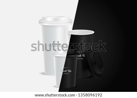 3 black coffee cups mockup on grey and black background. Cups of different size. Mock up. Mock-up. Coffee away. Coffee to go. Vector branding illustration.