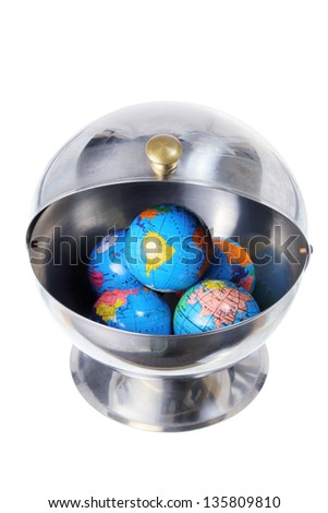 World Globes Inside Metal Container on White Background
