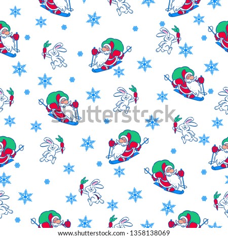 Vector seamless pattern with Christmas motif, Santa Claus on skis and gifts and a hare with a carrot.