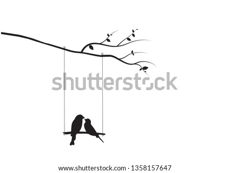 Birds Couple Silhouette Vector, Birds on swing on branch, Wall Decals, Birds in love, Wall Art, Art Decor. Birds Silhouette isolated on white background. Romance in nature, romantic 