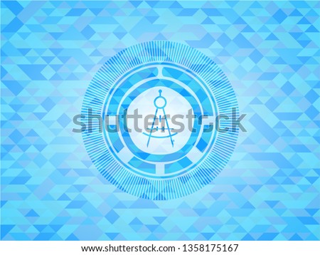 drawing compass icon inside sky blue emblem with mosaic background