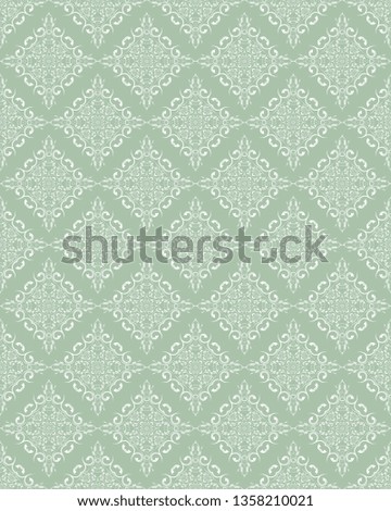 Seamless floral wallpaper pattern. White floral ornament on green background. Contemporary pattern