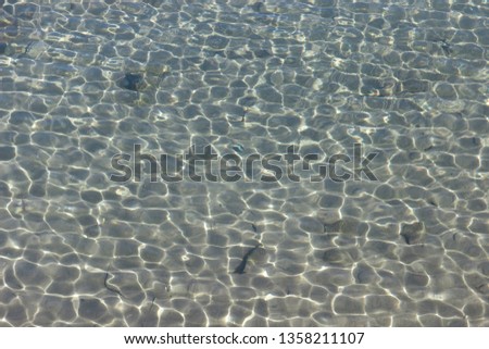 The texture of transparent water with highlights and small waves and sand at the bottom