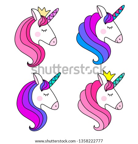 Set of unicorns vector illustration in rainbow colors, flat style image. Baby clothes design. Cute nursery decoration. Perfect for stickers. Fantastic animals from fairy tales for children. EPS10