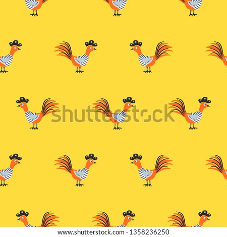 Seamless pattern with cute roosters on yellow vector background. Cartoon style chicken bird for fabric print.