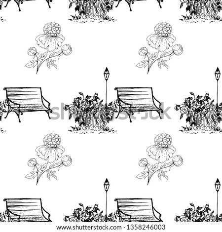 Peonies. Seamless pattern. Bench, lantern and flower bed. Vector illustration