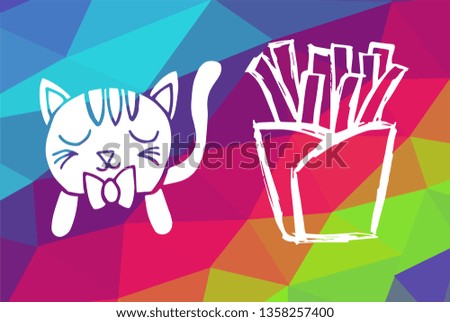Vector Illustration of Rainbow Geometric and Polygon with Cat Animal and French Fries Food. Graphic Design in Set, Collection, Template, Layout and Background.