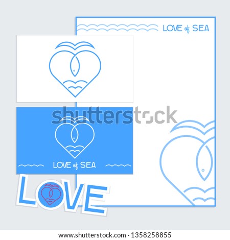 Sea Fish logo Brand indentity icon outline stroke tamplat set in heart shape isolated on blue background with text Love of Sea