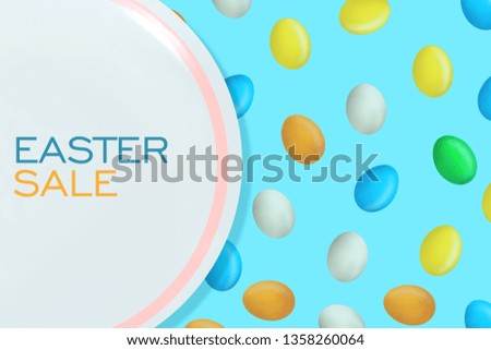 Easter sale background. White plate on the background with colorful Easter eggs. Illustration. Poster or flyer. Holiday sales. Business. Sales