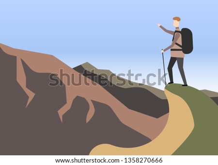Explorer concept. Hiker in mountains. landscape Vector illustration. Eps