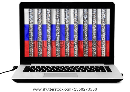 Laptop with prison grate and a russian flag on the screen isolated on white background. Illustration of the law about disconnecting the Russian Internet from the world wide web