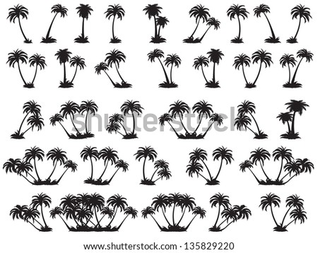  illustrations silhouette of palm trees. A set of black trees on a white background