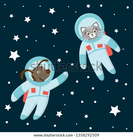 Vector funny astronaut cat and dog in space with planets and stars. Cute cosmic illustration for children on blue background