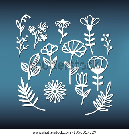 Set of leaves patterns and a flower for laser cutting. Floral elements for scrapbooking and other design. Pattern for carving out of various materials. Vector illustration in paper style.