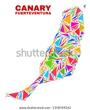 Mosaic Fuerteventura Island map of triangles in bright colors isolated on a white background. Triangular collage in shape of Fuerteventura Island map. Abstract design for patriotic illustrations.