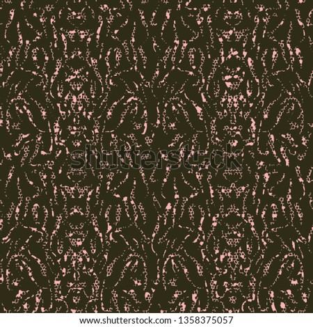 Abstract seamless pattern with mirrored symmetrical, warped stripe shapes, dots and splatters in shades of taupe and pink.