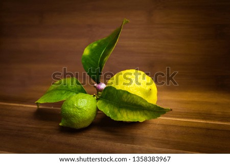 Yellow lemon and green lime with leaves and small flower on wood background