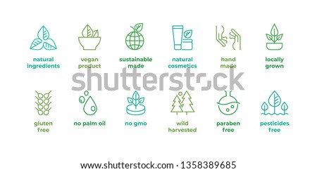 Eco line badge. Handmade eco logos, natural organic cosmetics vegan food symbols, Vector linear gluten free, no gmo emblems. Beauty bio grade toxic ingredients free Royalty-Free Stock Photo #1358389685