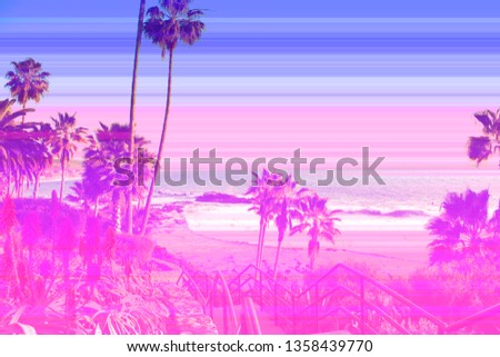  palms in the city of Los Angeles. Toning.  Digital illustration of palm tree crowns. Exotic landscape picture. 