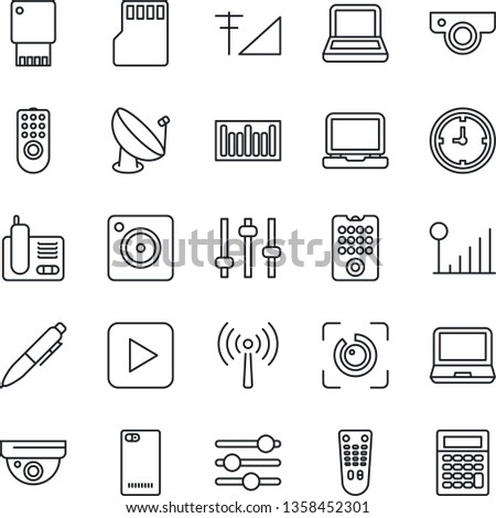 Thin Line Icon Set - antenna vector, pen, clock, barcode, satellite, remote control, laptop pc, radio phone, play button, back, mobile camera, tuning, sd, eye id, cellular signal, notebook, web