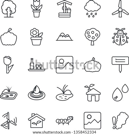 Thin Line Icon Set - flower in pot vector, tree, lady bug, rain, well, plant label, pumpkin, caterpillar, pond, tulip, gallery, windmill, fruit, mountains, alcohol, eco house, water, smoke detector
