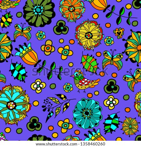 Vector floral pattern with flowers and leaves. - Vector
