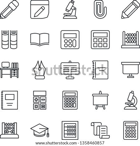 Thin Line Icon Set - contract vector, book, calculator, graduate, abacus, desk, presentation board, pencil, microscope, notes, copybook, paper clip, ink pen