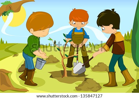 A vector illustration of kids volunteering by planting tree together