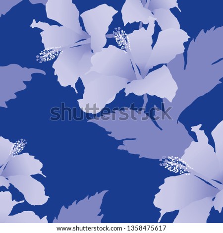 Seamless Blue Hibiscus Leafs Royal Blue Background Vector Pattern