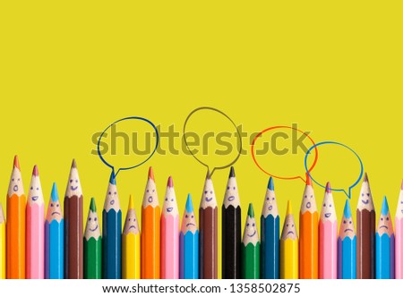 Community communication, represents people conference, social media interaction & engagement. group of pencils sharing idea on the yellow background with copy space